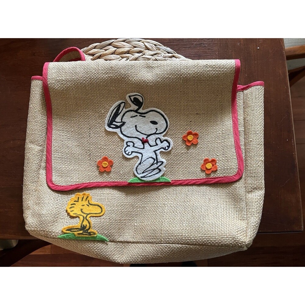 Vintage 1972 peanuts Snoopy Woodstock burlap tote ,Charles Schultz retro hippie
